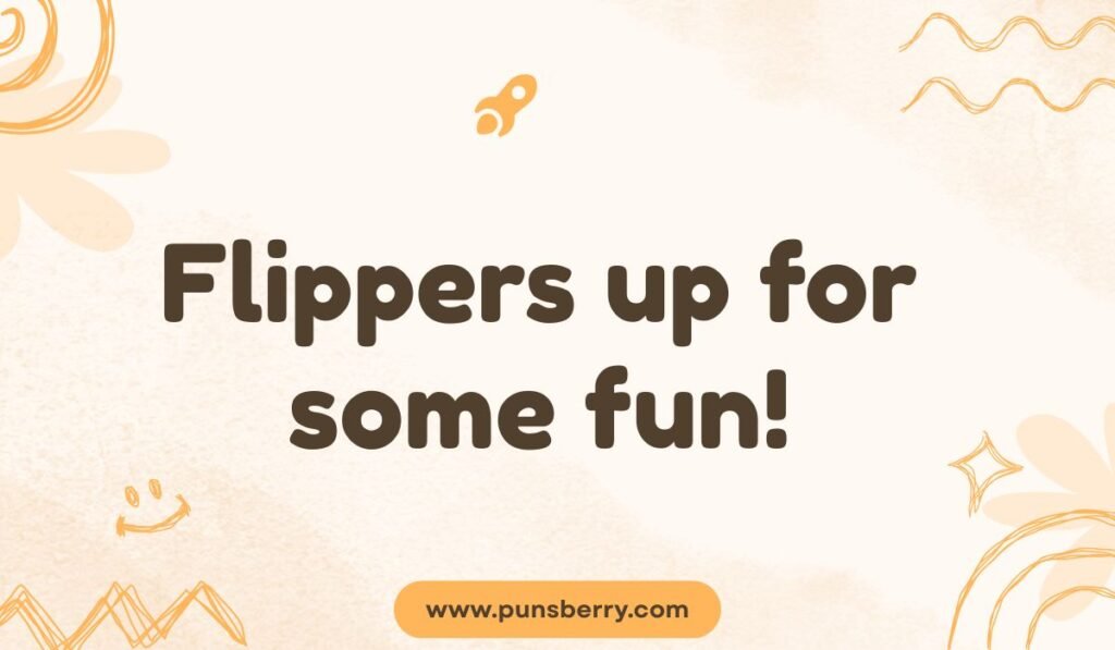 Cute penguin pun graphic saying, Flippers up for some fun! promoting playful penguin content