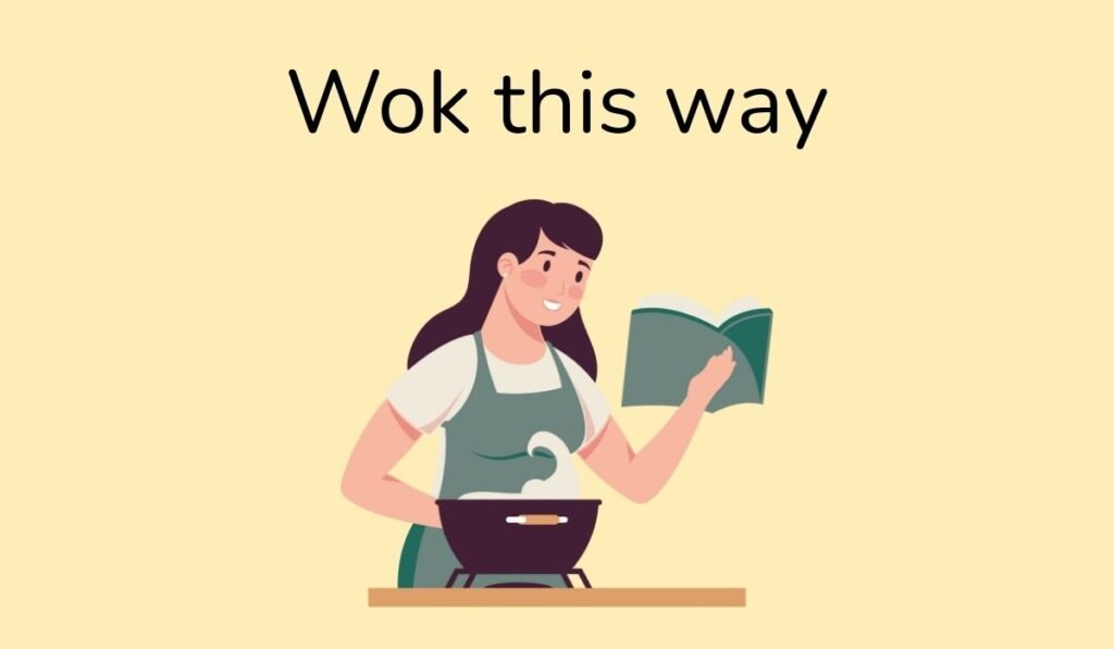 Wok this way – Cartoon woman cooking with a wok while reading a recipe book, funny cooking pun.