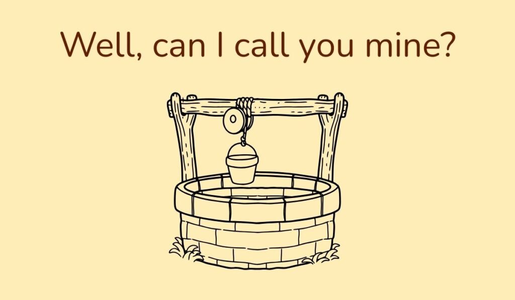 Cute pun cartoon wishing well with bucket illustration, text “Well, can I call you mine?”