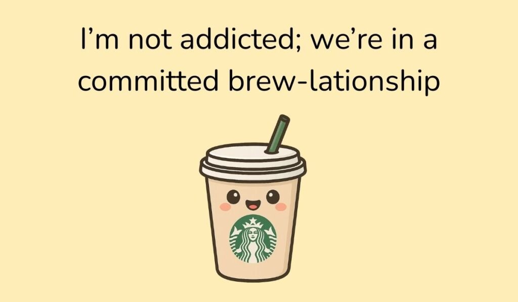 I’m not addicted; we’re in a committed brew-lationship – Cute Starbucks cup with happy face and straw, funny coffee relationship pun.