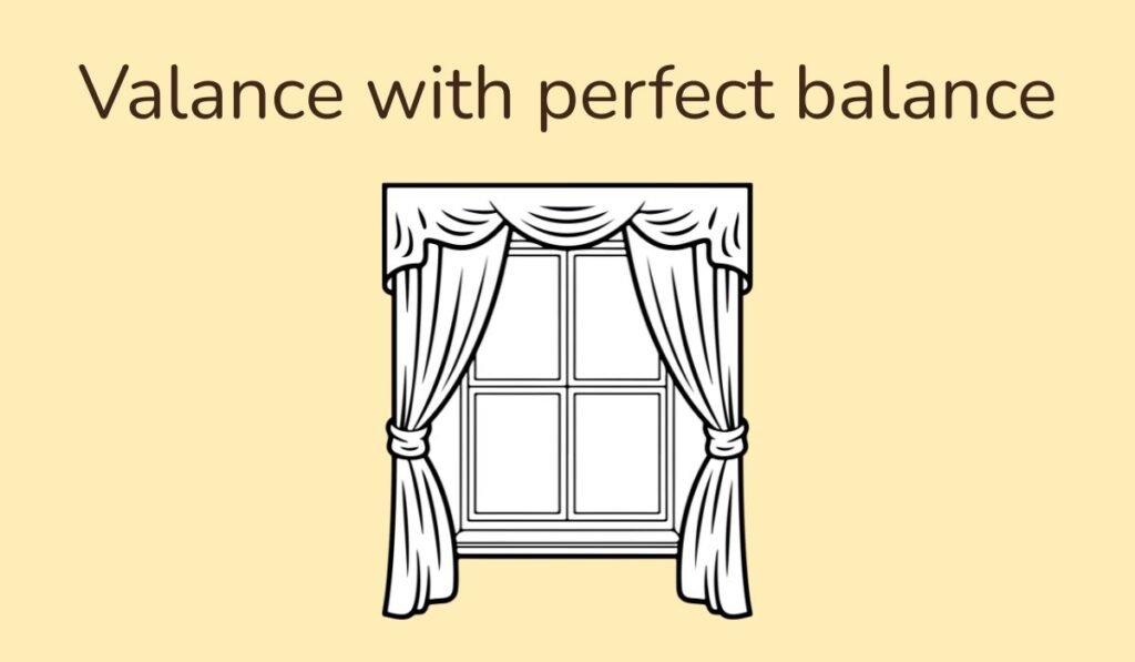 Window with decorative curtains and pun Valance with perfect balance – lighthearted window pun illustration