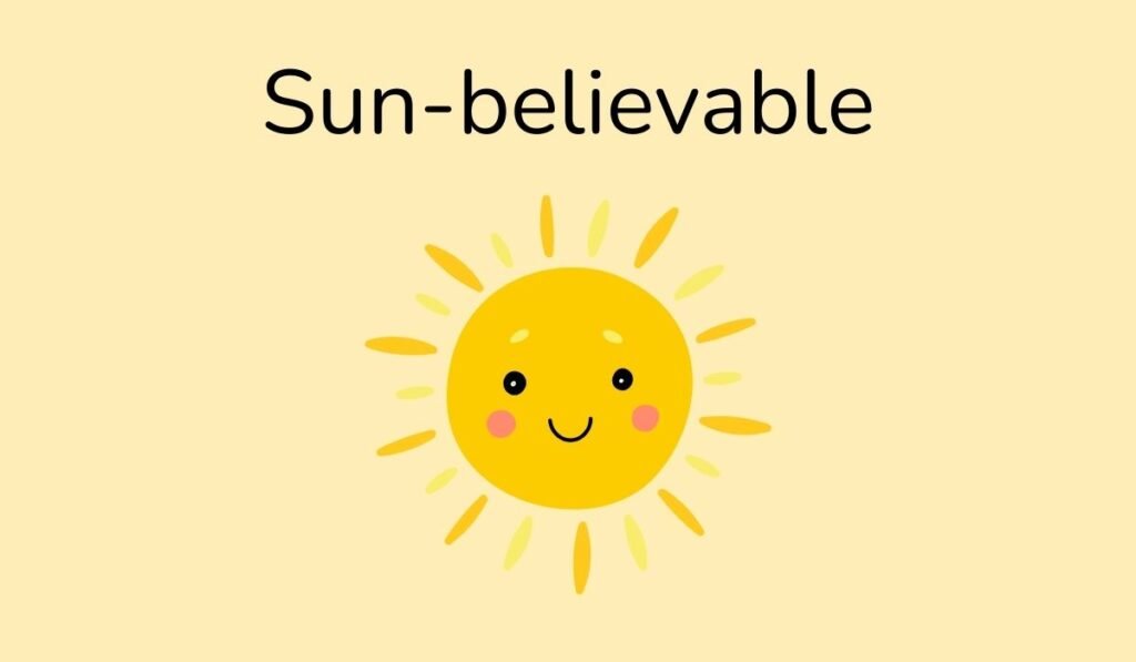 Punny sun cartoon illustration with smiling face and wordplay text “Sun-believable.”