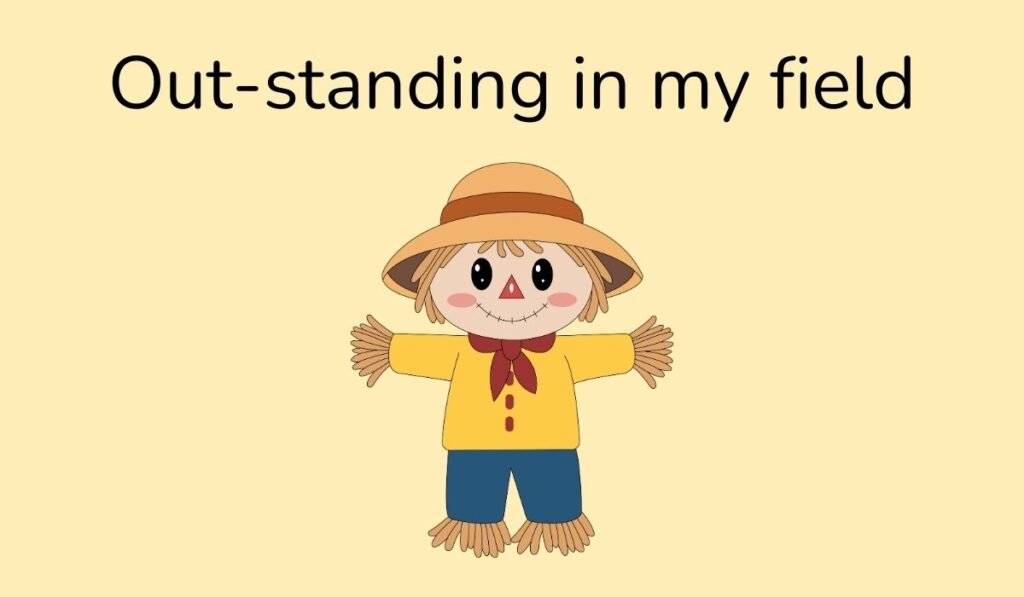 Adorable scarecrow cartoon with pun Out-standing in my field – funny scarecrow joke image