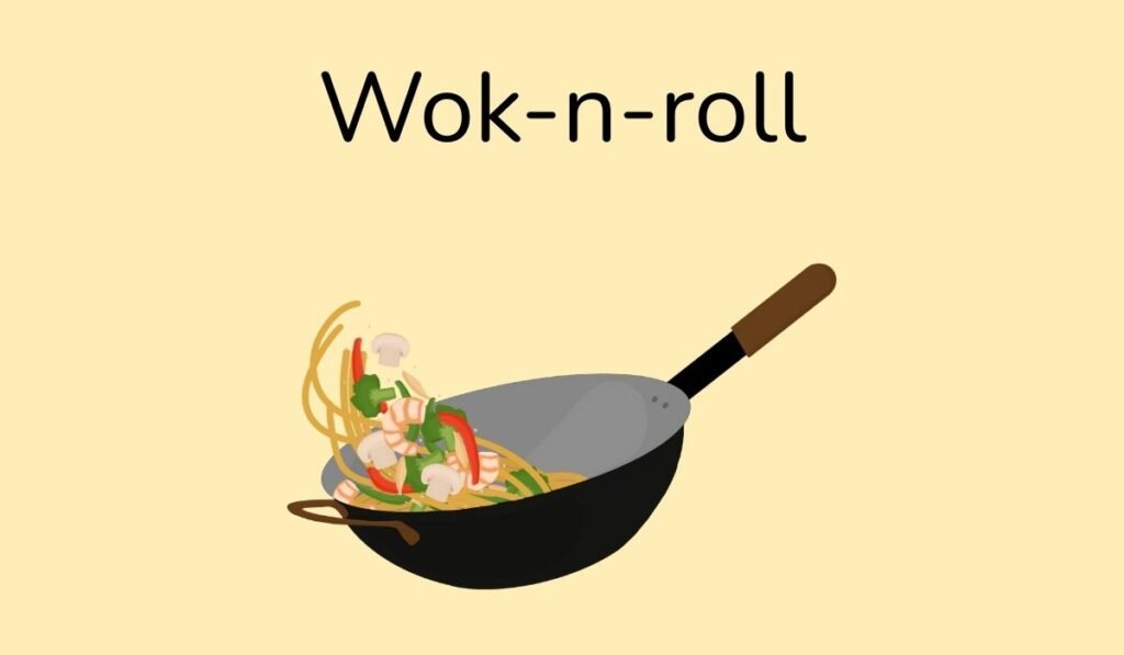Wok-n-roll – Wok pan tossing noodles, shrimp, mushrooms, and vegetables, food humor pun.