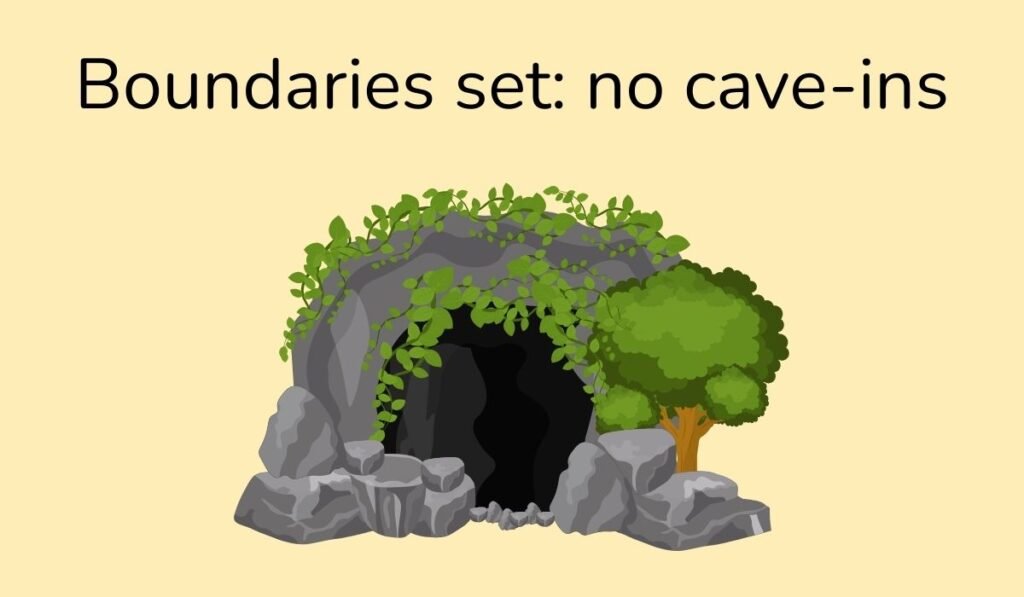 Illustration of rocky cave with vines and pun Boundaries Set No Cave-ins