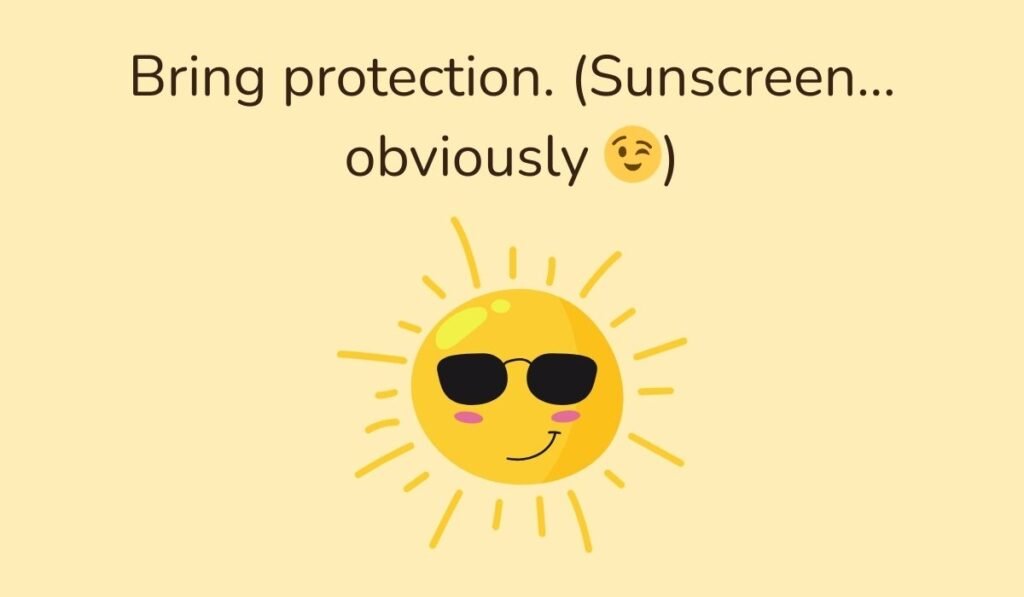 Cheeky sun pun cartoon with sunglasses, funny wordplay text “Bring protection sunscreen obviously” meme illustration.