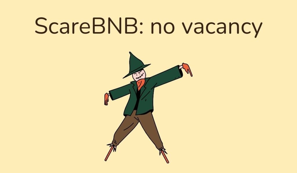Cartoon scarecrow with pun ScareBNB no vacancy – spooky scarecrow humor graphic