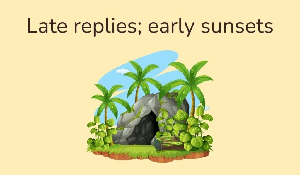 Tropical cave with palm trees and pun Late Replies Early Sunsets