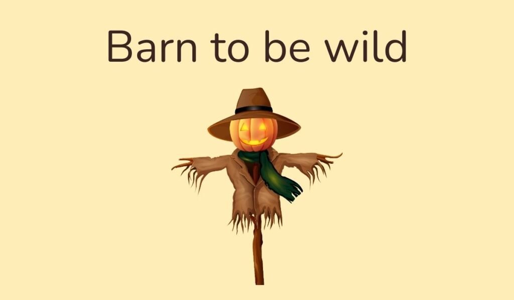 Pumpkin head scarecrow with Barn to be wild pun – funny barnyard scarecrow joke image