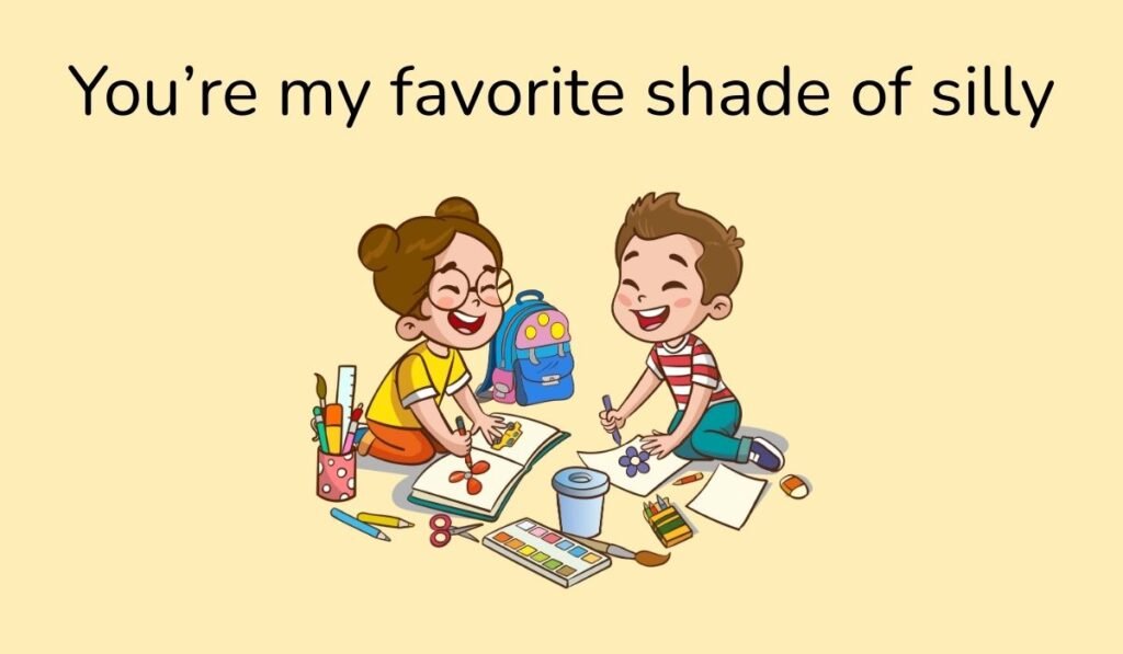 Cute cartoon kids drawing with crayons, funny pun text ‘You’re my favorite shade of silly’.