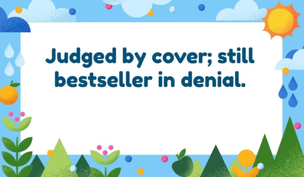 Judged by cover; still bestseller in denial. Joke about the idiom 'don't judge a book by its cover' applied to self-image and being a fictional bestseller.