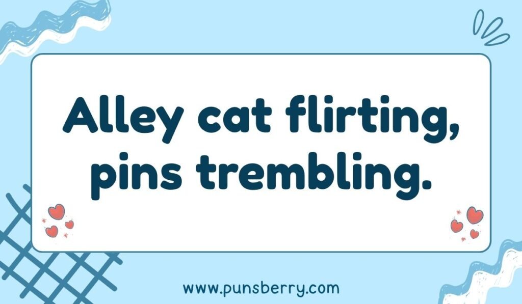 Cute bowling pun – alley cat flirting, pins trembling with hearts and doodles