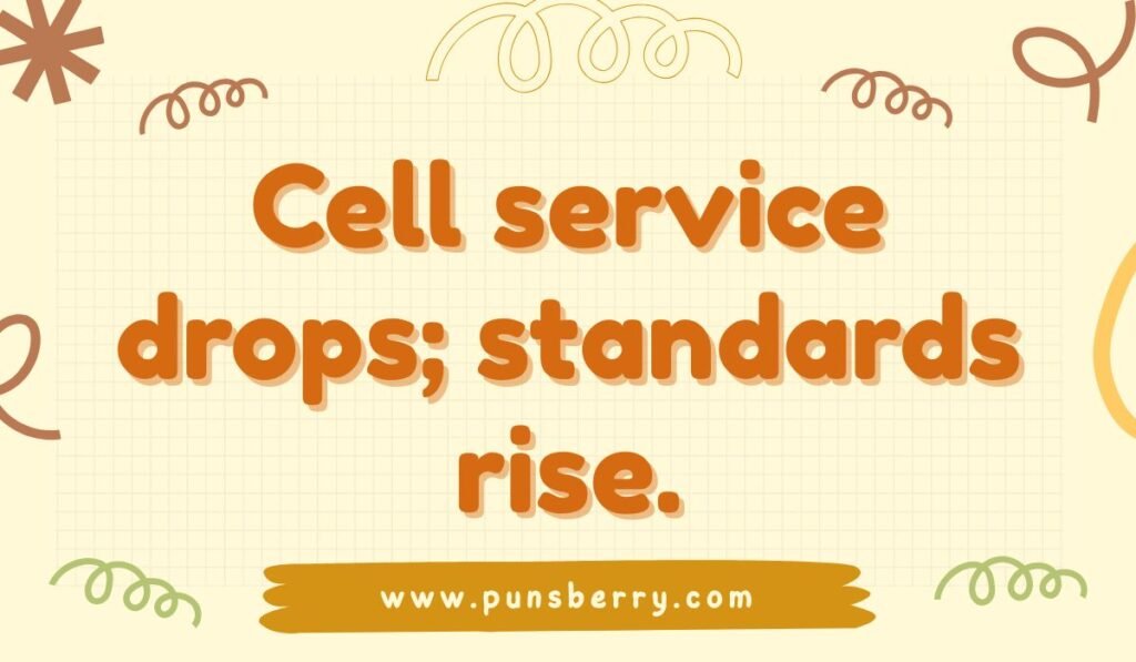 Funny cell pun saying “Cell service drops; standards rise” in bold orange typography.