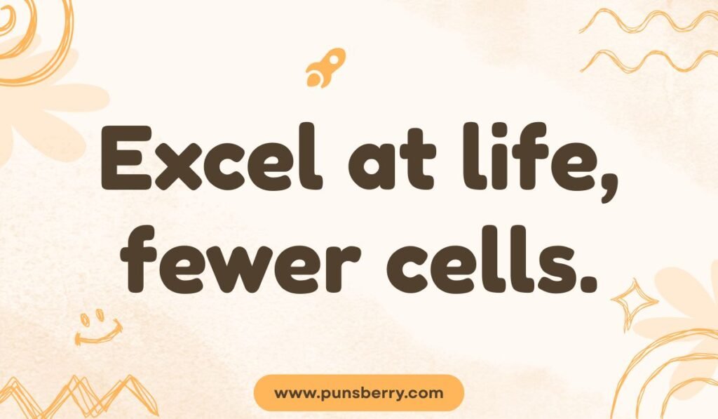 Funny wordplay pun “Excel at life, fewer cells” in dark bold font.
