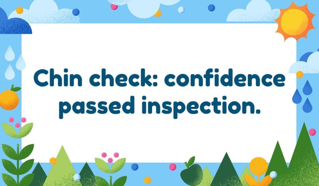 Chin pun graphic with phrase 'Chin check: confidence passed inspection' – clever chin joke about self-assurance.