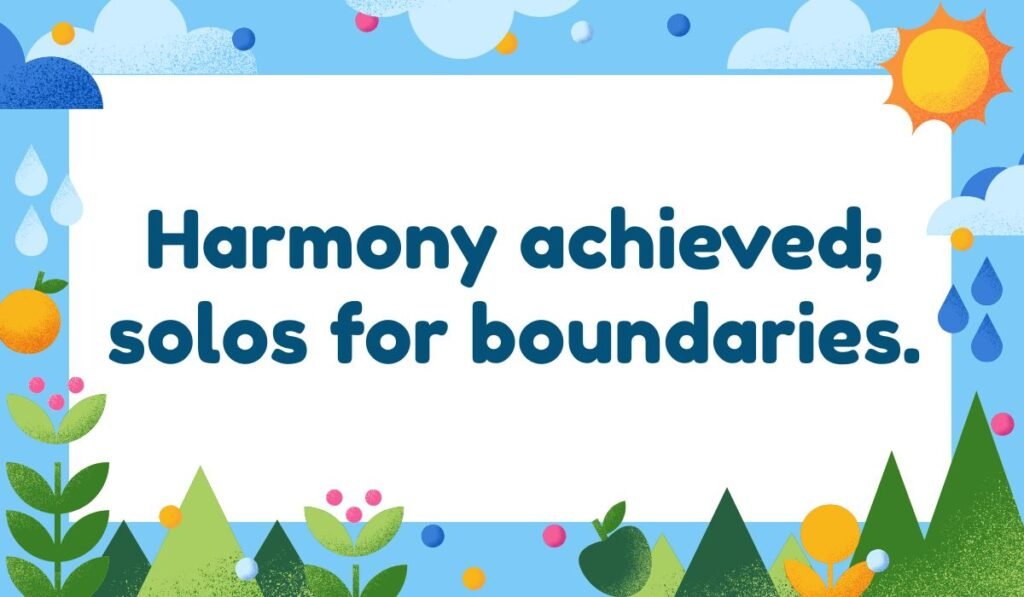 Choir pun phrase “Harmony achieved; solos for boundaries” on a music-themed garden design.