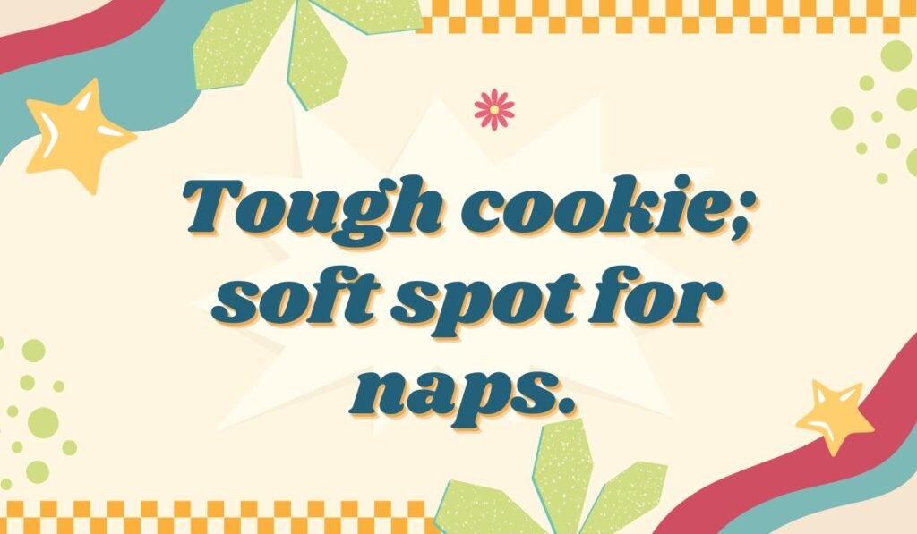 Cute cookie pun with the line “Tough cookie; soft spot for naps