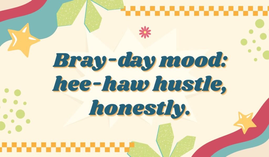 Donkey pun quote “Bray-day mood: hee-haw hustle, honestly” – playful donkey humor caption.