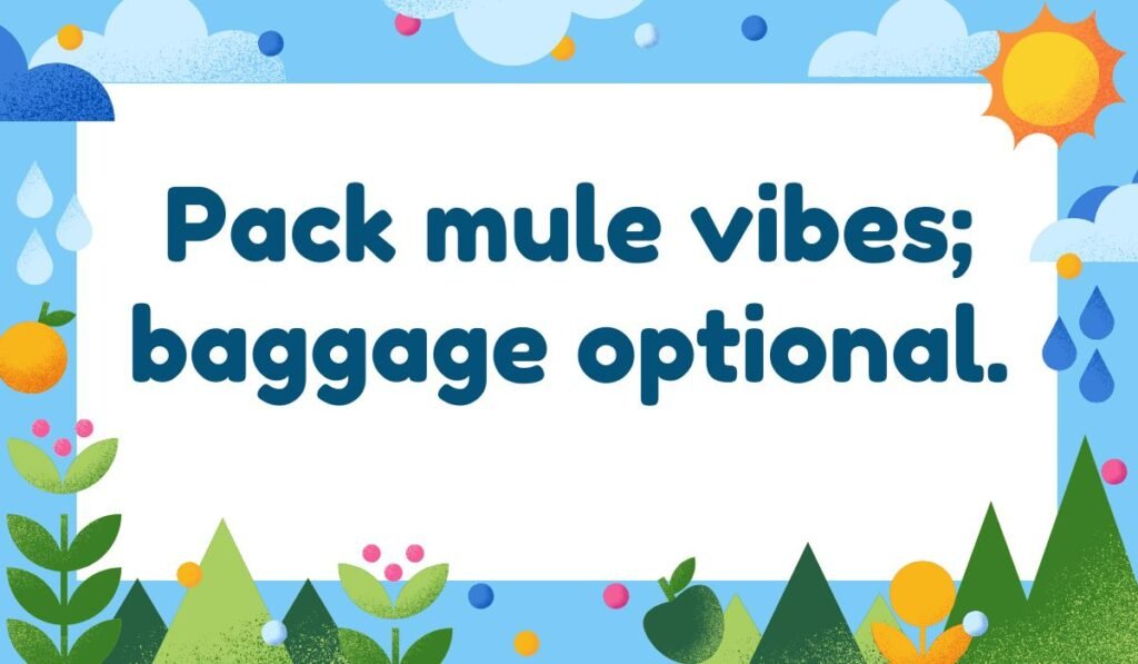 Donkey pun image with phrase “Pack mule vibes; baggage optional” – funny mule wordplay for captions.