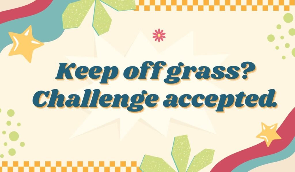 Funny grass sign pun: "Keep off grass? Challenge accepted." Rebellious lawn humor in a retro style with stars and checkered borders.