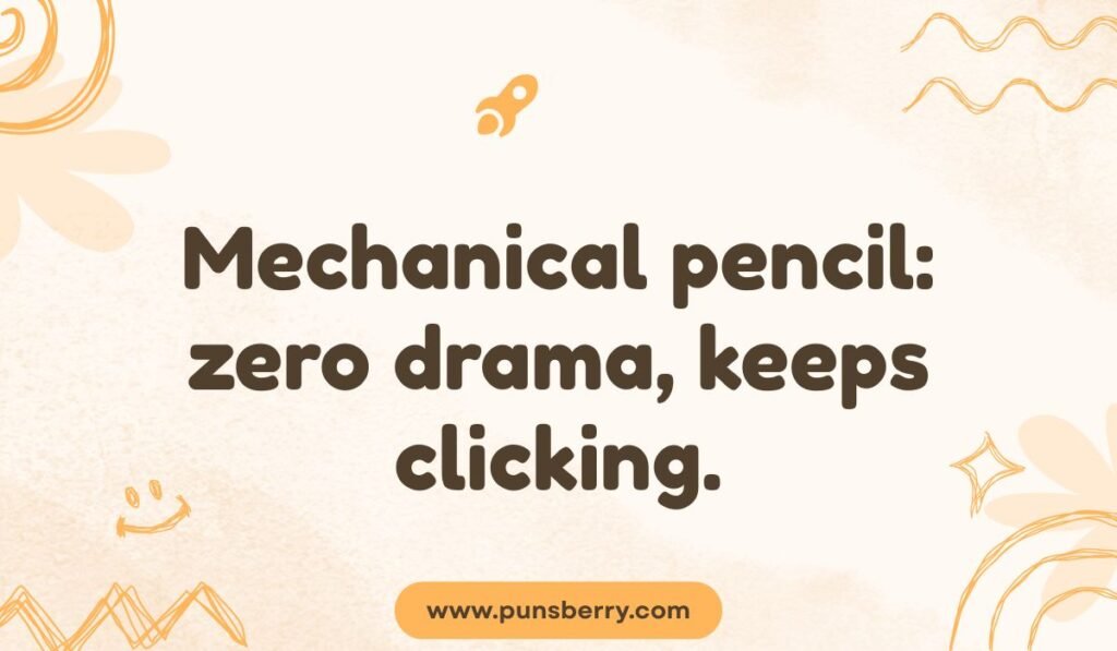 Funny mechanical pencil pun: 'Mechanical pencil: zero drama, keeps clicking.' Stationery humor.