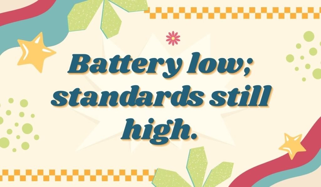 Battery low standards high – Tesla pun graphic with colorful background