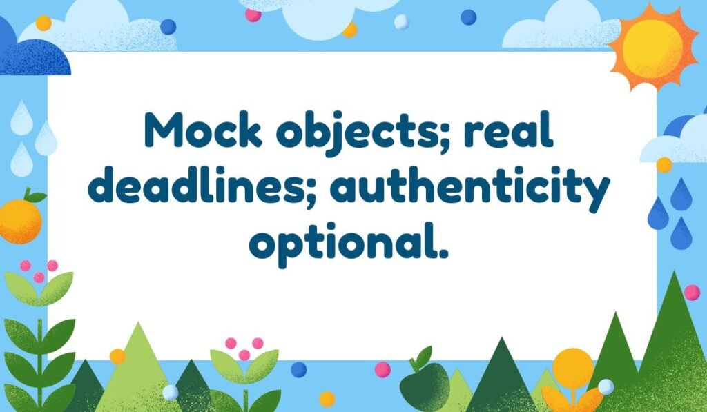 Mock objects; real deadlines; authenticity optional. Testing joke about using mock objects, software testing strategies, and project deadlines.