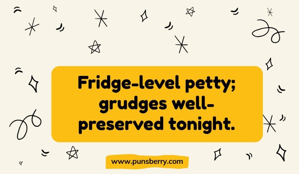 Funny cold pun about grudges text "Fridge-level petty; grudges well-preserved tonight." Sarcastic humor for cold puns blog.
