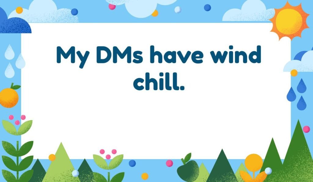 Digital communication cold pun text "My DMs have wind chill." Sarcastic humor with a blue weather-themed background.