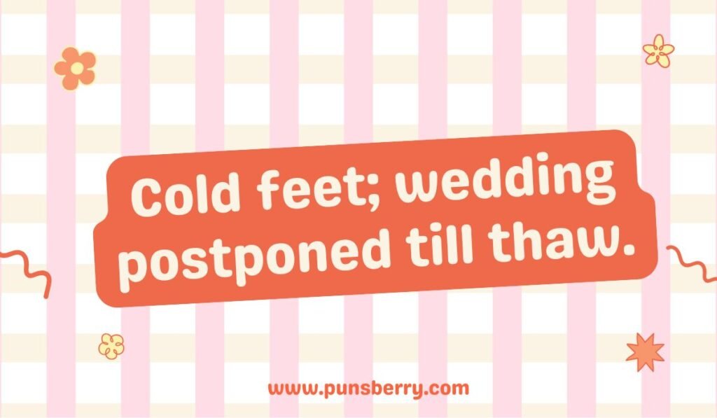 Alaska winter wedding pun about cold feet and postponing till thaw