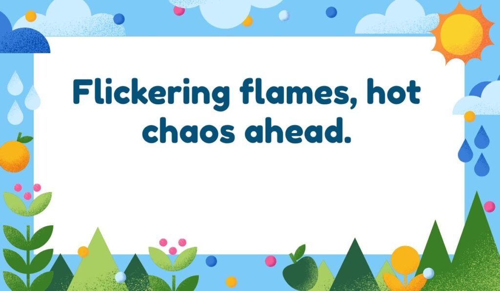 Nature-themed flame quote graphic with a sun and mountains: 'Flickering flames, hot chaos ahead.' A fun pun about a candle's unpredictable nature