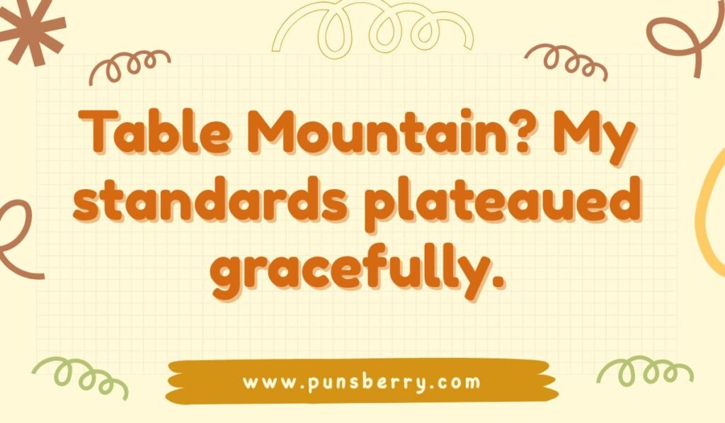 Table Mountain pun: "Table Mountain? My standards plateaud gracefully." Funny Cape Town travel pun.