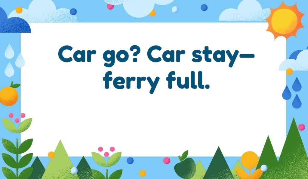 Car ferry pun: "Car go? Car stay—ferry full." Funny vehicle ferry pun about capacity.