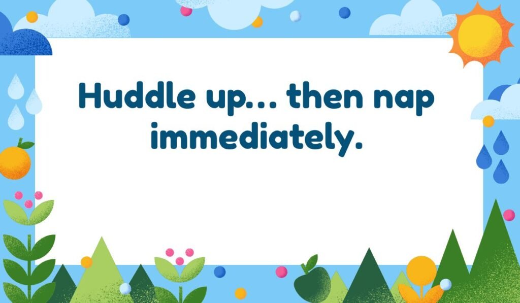 Funny huddle and napping football pun on a nature-themed background.