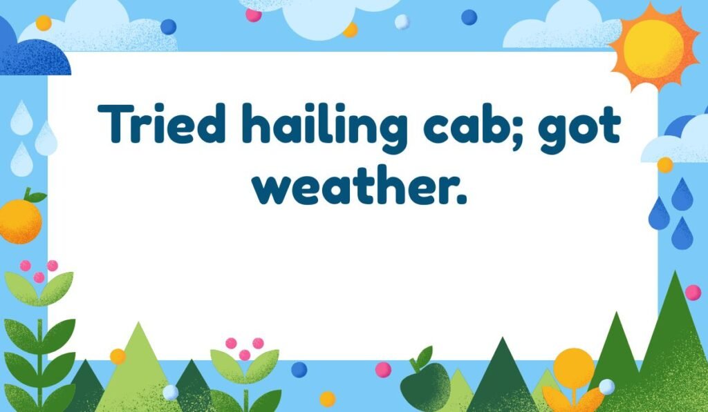 Pun about transportation and weather text "Tried hailing cab; got weather." Funny hail puns for a blog post