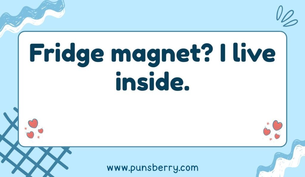 A pun reading, "Fridge magnet? I live inside," inside a white box on a light blue, patterned background.