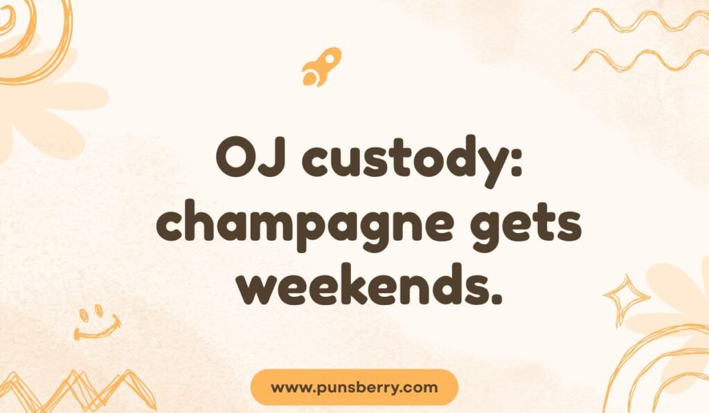 OJ custody: champagne gets weekends. Light brown, doodle-style image about mimosa ingredients.