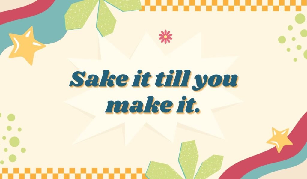 Pun replacing "fake" with "sake," in a colorful, retro-style design with stars and gingham accents