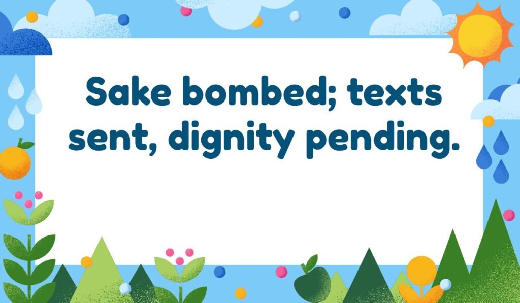 Pun about the "sake bomb" drink and regrettable texts, with a bright, sunny, and rainy outdoor illustration border