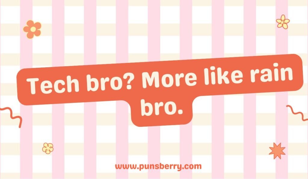 Seattle pun: "Tech bro? More like rain bro." Relates to Seattle's tech industry and its rainy weather