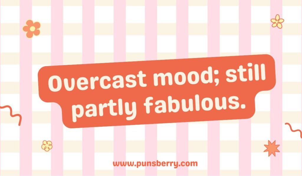 Self-love and weather mood pun: "Overcast mood; still partly fabulous." Weather humor and confidence pun.