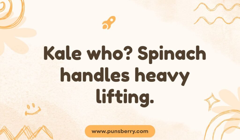 Pun comparing kale and spinach strength, on a warm, doodle-filled, light orange background.