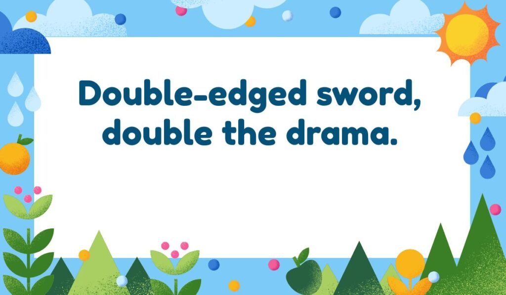 Witty sword pun: "Double-edged sword, double the drama." A joke about the phrase's meaning.