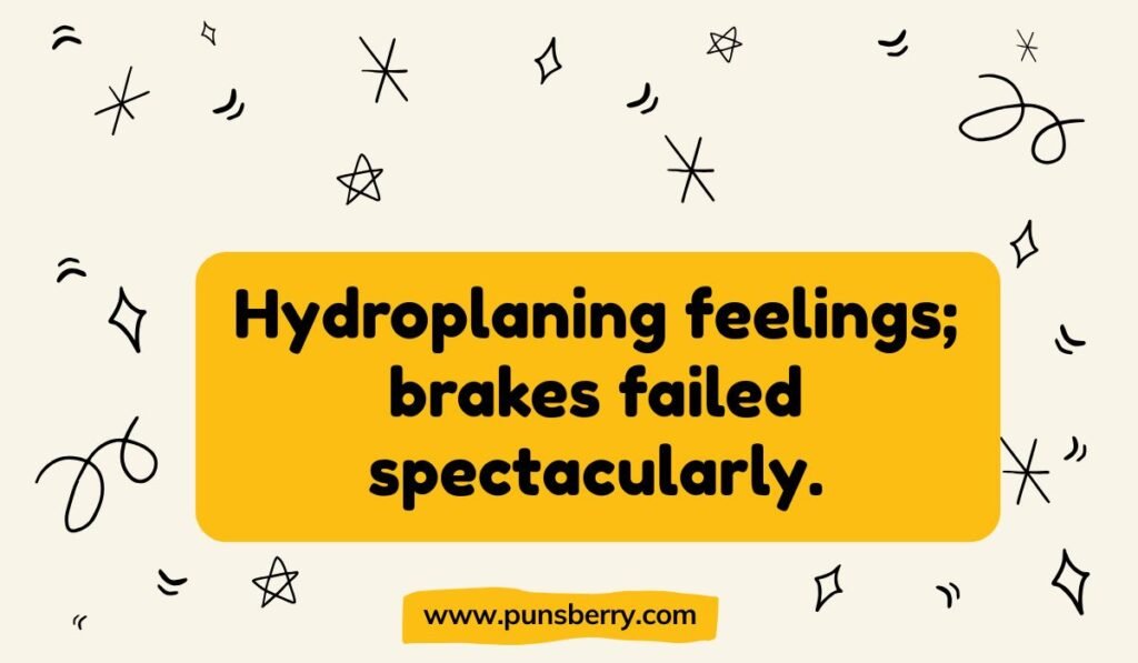 "Water pun about feelings: Hydroplaning feelings; brakes failed spectacularly."